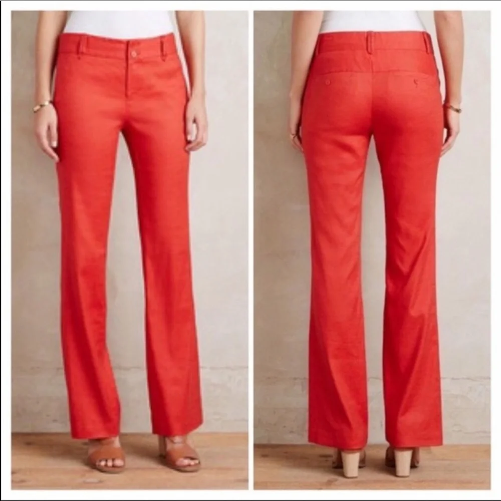 Anthropologie Elevenses Brenton Straight Leg Linen Blend coral red work pants 4 - Picture 2 of 15